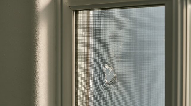 Damaged Window Screen with Prominent Tear in Sunlight, Signifying Neglected Household Maintenance
