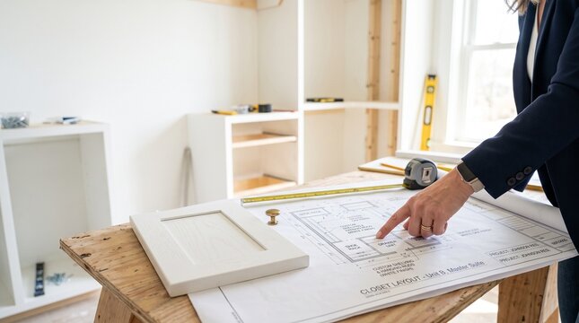 Designer reviews blueprints for custom walk-in closet built-in installation