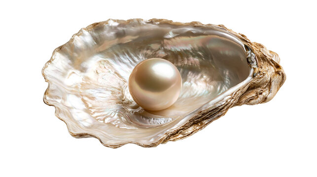 Lustrous round white pearl inside an open textured nacreous oyster shell