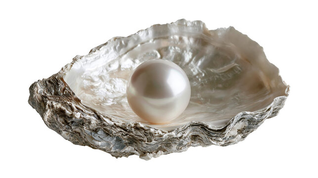 Lustrous white pearl resting inside an open textured oyster shell