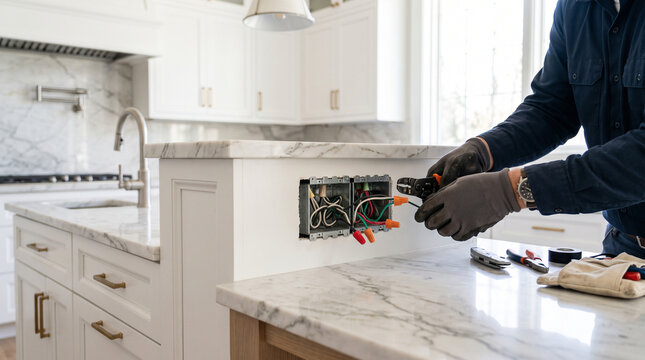 Electrician performing electrical finishing work, installing outlets and connecting wires in a modern kitchen