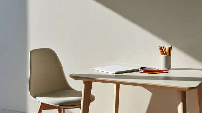 Empty modern minimalist desk setup bathed in natural sunlight for a serene workspace
