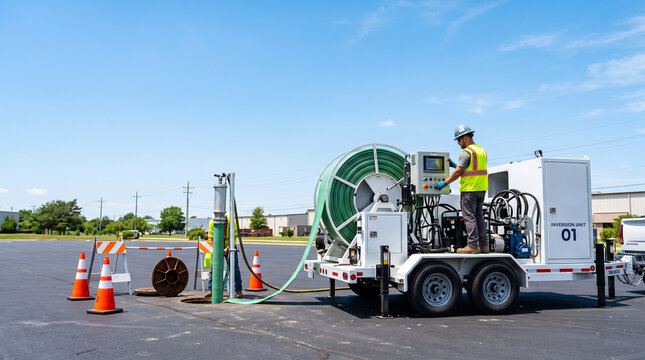 Engineer operates CIPP inversion unit trailer for trenchless pipe lining rehabilitation in commercial parking lot