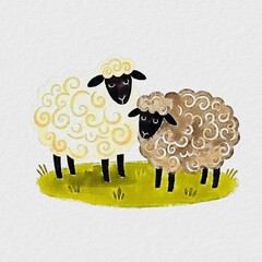 Cute watercolor sheep grazing together on a white background © NOORNABILA