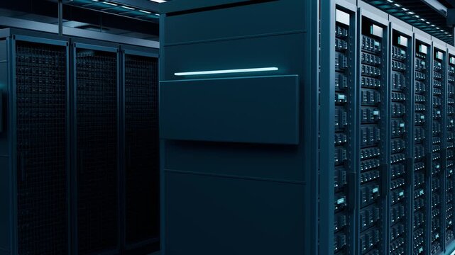Futuristic Data Center Server Room with Glowing Blue Lights 3D Render