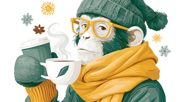 Funny monkey wearing glasses and a winter hat holds coffee cup in a cozy setting