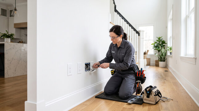 Female electrician meticulously installing new electrical outlets during residential finishing work in a modern home