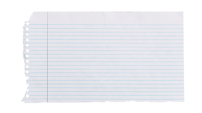 Torn piece of white lined notebook paper with red margin line