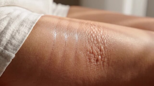 Skin showing stretch marks and cellulite on female hips in close-up view