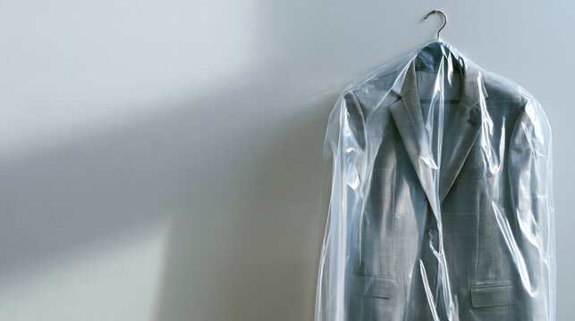 Freshly dry-cleaned men's blazer in protective plastic garment bag hanging ready to wear