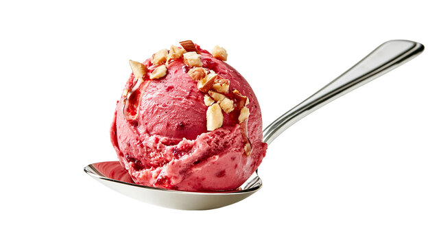 Scoop of berry ice cream topped with chopped almonds and syrup on a metal spoon