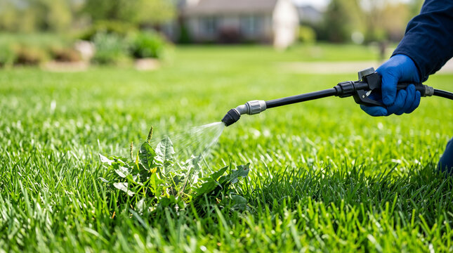 Gardener in blue gloves applying herbicide to eliminate weeds in a healthy green lawn