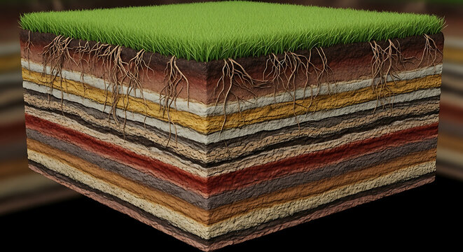 Cross section of soil layers with grass and roots isolated on dark background 3D illustration