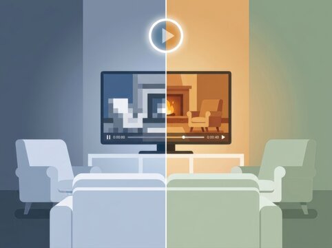 Cozy streaming in a split screen living room with fireplace contrast