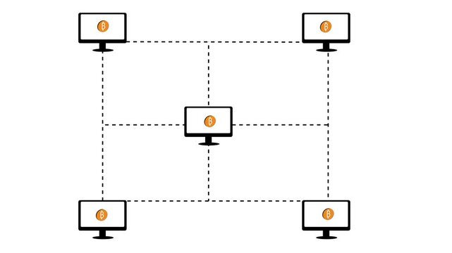 Computers network animation connects crypto nodes on dark. Cryptocurrency mining routes through the computers network animation. Distributed ledger technology powers this computers network animation.