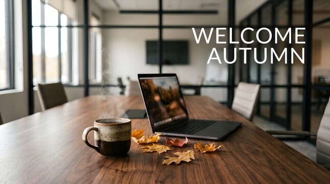 A laptop and a cup of coffee on a wooden desk in a modern office with autumn leaves.