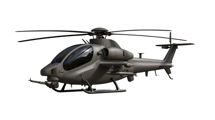 Dark grey military attack helicopter with rotor blades and mounted weaponry © Isolde