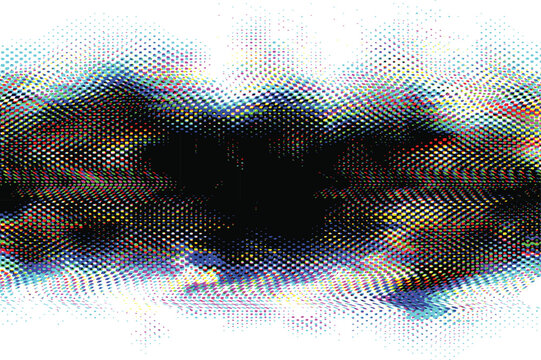 Vector glitch halftone texture with multicolor dots and distortion on white. Warped pixel pattern with chromatic noise.