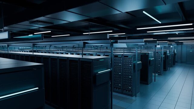 Futuristic Data Center Server Room with Glowing Blue Lights and 3D Rendered Mainframes
