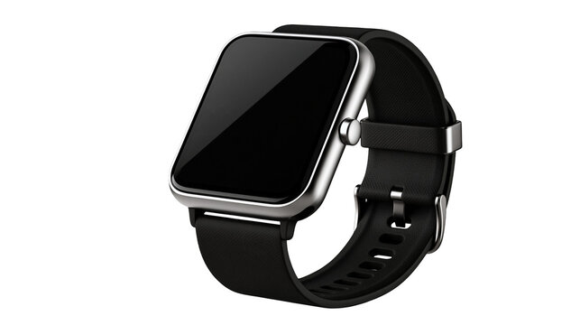 Modern silver smartwatch with black silicone strap and blank dark screen