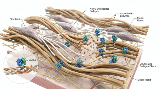 Scientific illustration of MMP enzymes breaking down collagen fibers in skin