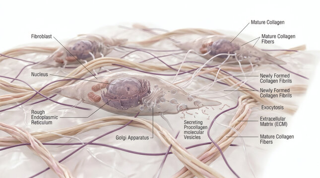 Scientific diagram of fibroblast cells synthesizing collagen fibers in the extracellular matrix