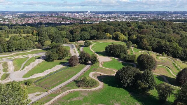 Established Aerial Video Over Middleton Park Bike Hub and Trails Toward Leeds Skyline