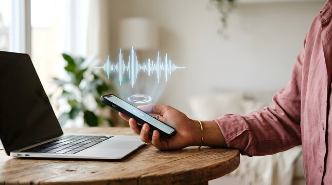 Person holding smartphone with audio sound wave voice recognition