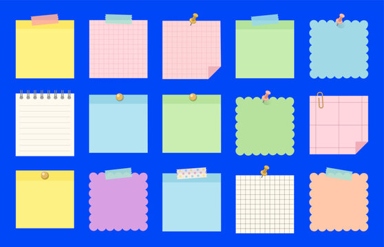 Colorful sticky note pad set attached with tape pin and paper clip isolated on blue background, blank pastel memo paper note page collection template for planning vector illustration