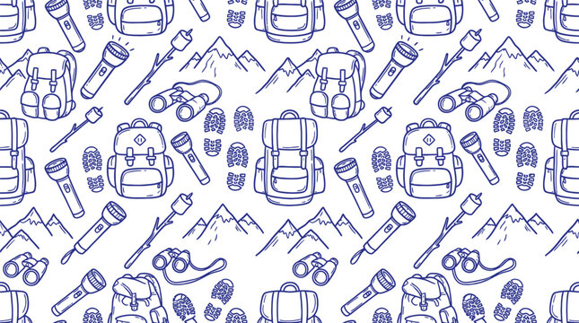 Hiking backpack and camping adventure seamless doodle pattern