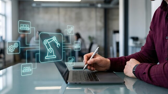 Man using laptop with industrial robotic arm and automation gears