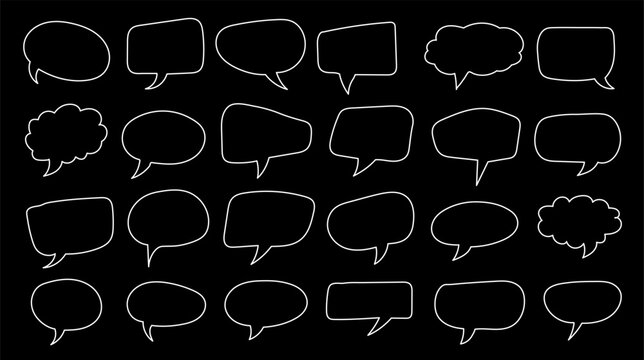 White line art speech bubble set isolated on black background, hand drawn speech cloud bubble collection, empty dialogue box comic chat balloon layout template vector illustration design