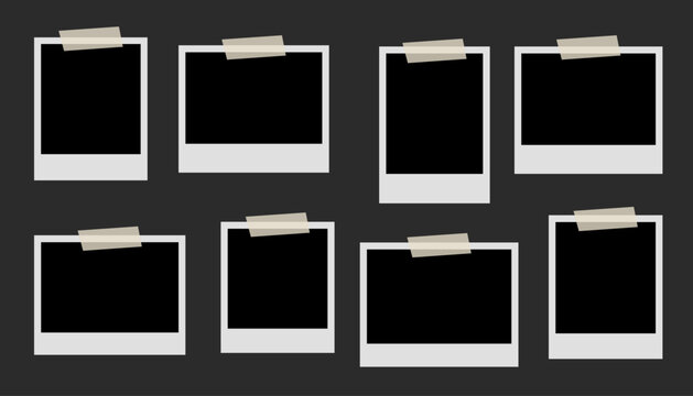 Blank instant photo frames attached with adhesive masking tape set isolated on dark background, retro polaroid picture frame collage template collection for photo vector illustration