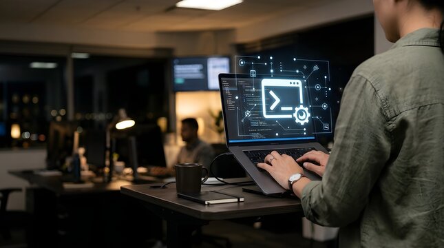 Software programmer typing code on laptop with network diagram