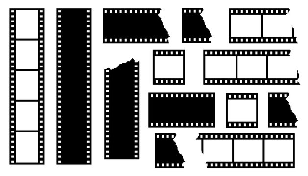Vintage film strip frames and torn negative strips collection set isolated on white background, retro 35mm movie film photo frame layout design template, vector illustration overlay set