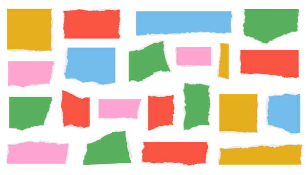 Colorful torn paper scraps collection set isolated on white background, colorful ripped paper edge note banner, colorful sticky note paper scraps template set, vector illustration design