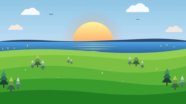 Animated landscape background with rolling green hills and sunset river