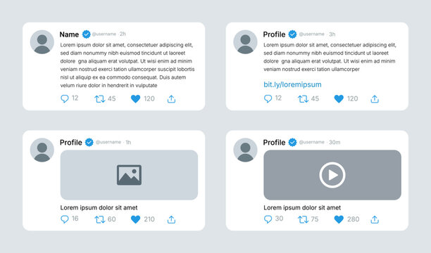 Social media post mockup template set with verified profile badge, user feed comment card interface, quote UI box layout with like and share icons vector illustration