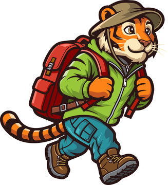 Tiger Adventure Hiking Mascot PNG