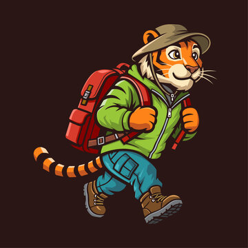 Tiger Adventure Hiking Mascot Vector