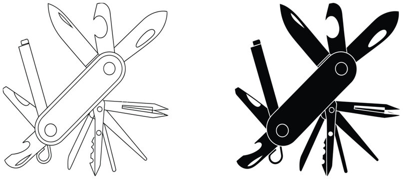 Detailed black and white multi-tool pocket knife with various functions for utility.