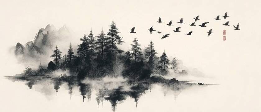A traditional ink wash painting depicting a misty mountain landscape with pine trees, water reflections, and a flock of flying.