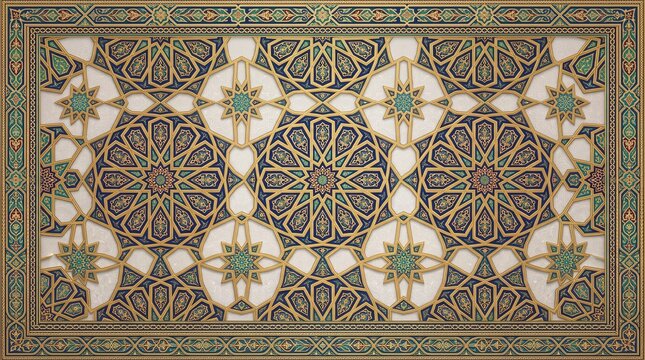 Luxury Islamic geometric pattern featuring intricate gold and teal tile work