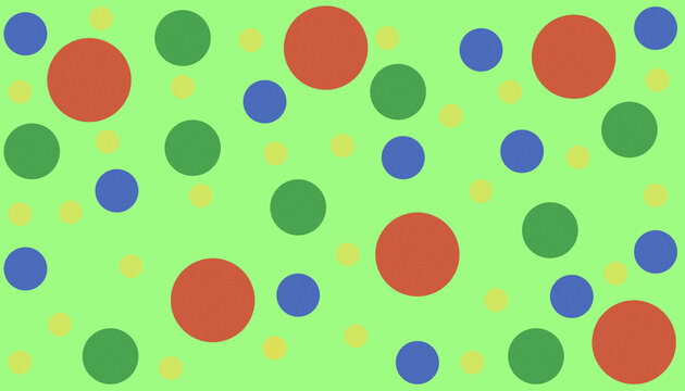 Light green background scattered with textured red, blue, yellow, and green circles of varying sizes in a random playful arrangement. Abstract confetti style with copy space.