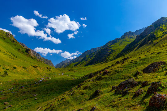 Lush Mountain Valley Under Bright Blue Sky
