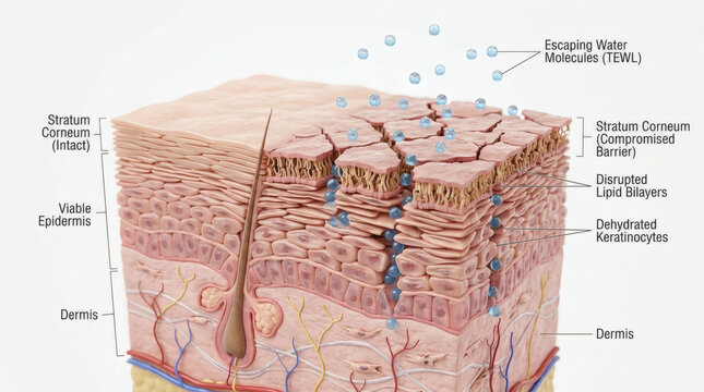 Anatomical cross section of human skin showing transepidermal water loss