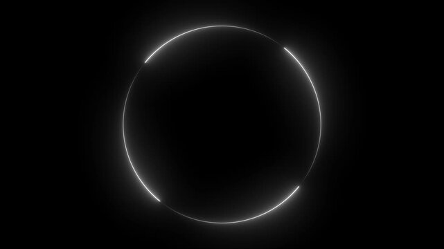 4k ultra hd 3840x2160 white glowing segmented circle neon animation dashed ring spinner symbol dark background motion graphic looping video