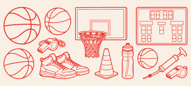 Basketball sports equipment collection doodle, athletic basketball hoop net line art, sports training orange cone drawing, basketball sneaker shoes graphic, team tournament backboard illustration, ath