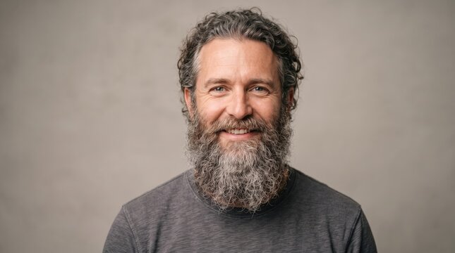 A middle-aged Caucasian man with curly hair and a full beard smiles at the camera. He wears a gray shirt against a neutral background.