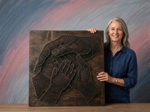 String art elephant portrait with artist holding handmade wall decor
